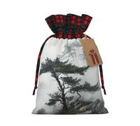 DDTKLSNV Foggy Mountain Pine Tree Christmas Burlap Gift Bags With Drawstring, Christmas Linen Treat Bags W/Tags Goody Gift Bag Xmas Candy Reusable Gifts Wrapping Bag Xmas Holiday Party Favors