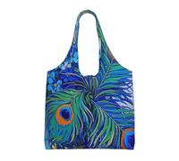 DDTKLSNV Large Tote Bag For Women Heavy Duty Foldable Shopping Tote Bag Flower Peacock Feather Oil Painting Feather Blue Shoulder Bag For Work Beach Travel