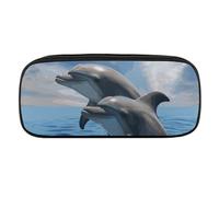 DDTKLSNV Leather Pencil Bag Waterproof Cute Pen Case Travel Cosmetic Makeup Bag Organizer Pen Holder for Men Women,Two Dolphins