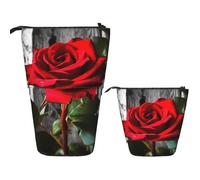 DDTKLSNV Telescopic Pencil Case Cute Stand Pencil Bag Pop Up Pen Holder Blooming Red Rose Cosmetics Bags Desk Stationery Case For Office Supplies