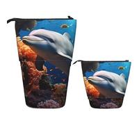 DDTKLSNV Telescopic Pencil Case Cute Stand Pencil Bag Pop Up Pen Holder Dolphin On Coral Cosmetics Bags Desk Stationery Case For Office Supplies