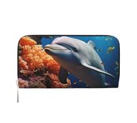 DDTKLSNV Women'S Wallet Pu Leather Zip Around Travel Wallet Card Holder Dolphin On Coral Clucth Purse Gift For Women Ladies