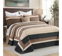 DDUOXIN 3 Piece Oversized King Bedspread 128"x120" - 100% Cotton California King Quilt with 2 Pillow Shams, Farmhouse Lightweight Stripe Bedspreads Coverlet Sets, Charcoal/Brown/Beige/Tan