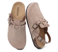 DDXYYDS Women Suede Clogs, Men Closed Toe Boston Mules, Unisex Leather Sandals with Double Adjustable Buckle, Slip On Cork Footbed Potato Shoes with Arch Support, Beige, 9 Women/8 Men