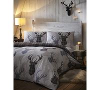 De Cama Tartan Stag Checked Duvet Set Reversible Bedding Quilt Cover King Size, Cotton and Polyester, Black and Grey