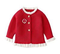 De feuilles Baby Girls Knitted Cardigan Long Sleeve Button Down Sweater Ruffle Hem Knitted Floral Print Winter War Knitwear Tops Red