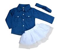 De feuilles CHIC-CHIC 3PCS Toddler Baby Girl Long Sleeve Jean Shirt Blouse Tops + Leopard Print Mini Skirt + Headband Casual Clothing Set Outfits Clothes (6-12 Months, White)