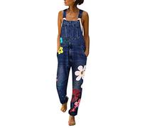 De feuilles Floral Print Jeans Jumpsuits Playsuit for Women Plus Size Long Denim Trousers Dungarees Dark Blue