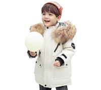 De feuilles Kids Boys Warm Padded Hooded Coat Winter Thicken Mi Length Cotton Jacket with Faux Fur Hood and Multi-Pockets