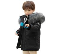 De feuilles Kids Boys Warm Padded Hooded Coat Winter Thicken Mi Length Cotton Jacket with Faux Fur Hood and Multi-Pockets