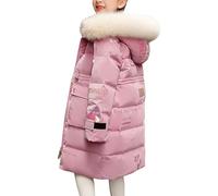 De feuilles Kids Girls Hooded Padded Coat Winter Warm Mid-Length Jacket Solid Color Shiny Letter Print with Faux Fur Hooded Pink,6-7 Years