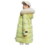 De feuilles Kids Girls Hooded Padded Coat Winter Warm Mid-Length Jacket Solid Color Shiny Letter Print with Faux Fur Hooded (8-9 Years, Yellow)