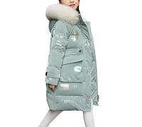 De feuilles Kids Girls Hooded Padded Coat Winter Warm Mid-Length Jacket Solid Color Shiny Letter Print with Faux Fur Hooded Green,8-9 Years
