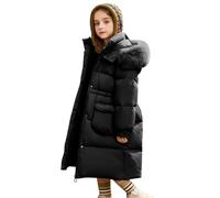 De feuilles Kids Girls Padded Winter Warm Coat Puffer Jacket Hooded Quilted Long Coat Drawstring Waist Outerwear with Faux Fur Trim