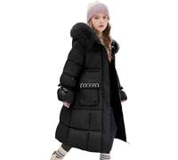 De feuilles Kids Girls Padded Winter Warm Coat Puffer Jacket Hooded Quilted Long Coat Drawstring Waist Outerwear with Faux Fur Trim
