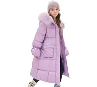 De feuilles Kids Girls Padded Winter Warm Coat Puffer Jacket Hooded Quilted Long Coat Drawstring Waist Outerwear with Faux Fur Trim