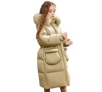 De feuilles Kids Girls Padded Winter Warm Coat Puffer Jacket Hooded Quilted Long Coat Drawstring Waist Outerwear with Faux Fur Trim