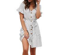 De feuilles Short Polka Dot Dresses for Women V Neck Ruffles Button-Down Mini Summer Dress (White, UK 12-14)
