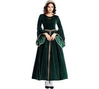 De feuilles Women Halloween Costumes Retro Court Ball Attire Medieval Gown | Flared Sleeves,Velvety Texture,Printed on the Front,Woven Strap at the Waist,Renaissance Style,Full Skirt,Crew Neck