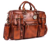 DE LAMASSU Dorian Leather Laptop Bag - Unisex Business Bag up to 17 Inches - with Trolley Strap, 5 Exterior Pockets, Expandable Sides - Luxury Gift Packaging, light brown, 45cm x 31cm x 13cm
