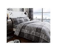 De Lavish Duvet Cover Set Double Size Bed with Pillowcases Quilt Printed Reversible Poly Cotton, Denim Check Grey