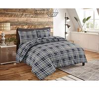 De Lavish Flannelette Duvet Cover Set Check Printed Quilt Single Size Reversible Bedding With Pillowcase 100% Brushed Cotton, Tartan Grey