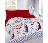 De Lavish Jake Sailor Ship Caostal Print Duvet Cover with Pillowcase Bedding Quilt Set Single Bed Size, Red