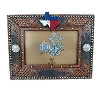 De Leon Collections 14210 State of Texas Tooled Leather Pattern Brown and Silver Tone 8.6 Inch Polyresin Western Southwest Decorative Home Décor Picture Frame Holds 4 x 6 inch Photo