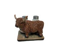 De Leon Collections Salt and Pepper Shaker Set With Decorative Holder, 5 Inch Polyresin and Glass, Highland Cow