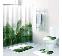 De-Mediocre 4 Pcs Marble Shower Curtain Sets Ombre Green Gold Water Drop Green Golden Lines Striped Bath Mat Decor Bathroom Toilet Mat Lid Cover U Shaped Non-Slip Rug Accessories Fabric Polyester