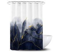 De-Mediocre Navy Blue Marble Shower Curtain Stylish Ombre Dark Blue and Gold Marble Leaves Bathroom Curtains Abstract White Golden Fabric Waterproof Polyester 72 x 72 Inch