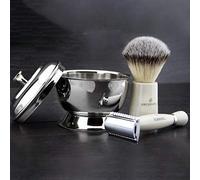 DE Safety Classic Wet Shaving Set in Ivory Colour - 3 Piece Kit || Silver Tip Synthetic Badger Brush & Classic Double Edge Safety Razor > Premium Unbreakable Resin Handles
