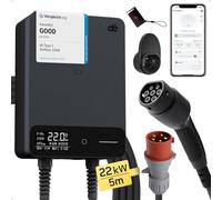 dé Type 2 Wallbox 22 kW with App and RFID, 6-32 A 3-Phase EV Charger 400 V with 5 m Charging Cable and Cable Holder for BEV/PHEV, RCD Type B & IP55 Protection, Efficient Charging Station for Home,