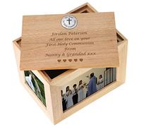 De Walden Boy's 1st Holy Communion Personalised Large Oak Photo Picture Keepsake Box First Communion Gifts for Boy with Pewter Communion Feature Gift 19x14x14 cm