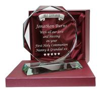 De Walden Boy's First Holy Communion Engraved Cut Clear Glass Sculpture with Pewter Holy Communion Feature, 1st Communion Gift For a Boy