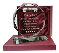 De Walden Engraved Personalised Newborn Baby Boy Gift Cut Glass Sculpture | Silk Lined Box, Pewter Emblem, Gift For New Parents