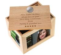 De Walden Girls First Holy Communion Large Oak Photo Keepsake Box with Pewter Communion Feature Gift 19x14x14 cm
