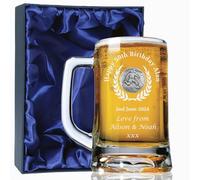 De Walden Mens 50th Birthday Engraved Pint Glass Tankard with Solid Pewter Football Player Feature, in a Satin Lined Presentation Box, Men's Birthday Gifts