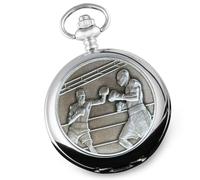 De Walden Mens Boxing Pewter Analog Engraved Pocket Watch with Chain 21st Birthday Any Occasion Graduation Anniversary Christmas in a Wood Box
