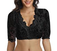 DeaAmyGline Dirndl Blouse, Black, Dirndl Blouse, Women's Cap Sleeves, V Neck, Button Placket, Lace Traditional Blouse, Black Dirndl Blouses for Oktoberfest, Bavarian Costume Tops, #27-black, S