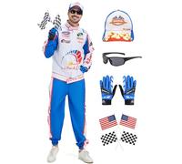 Deaboat Race Car Driver Costume for Men Halloween Cosplay Racing Suit Outfits With Hat Gloves Flags Sunglasses 7Pcs, Blue, Small