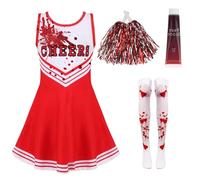 Dead Cheerleader Halloween Costume Kids, Zombie Cheerleader Costume for Girls with Fake Blood, Fancy Dress Outfit Kids for Halloween Parties (red, 7-9 years old)