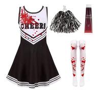 Dead Cheerleader Halloween Costume Kids, Zombie Cheerleader Costume for Girls with Fake Blood, Fancy Dress Outfit Kids for Halloween Parties (black, 10-12 years old)