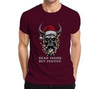 Dead Inside But Festive Skull Horns Lights Beard Gothic Men's T-Shirt, burgundy, L