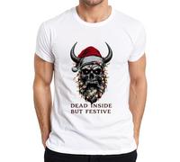 Dead Inside But Festive Skull Horns Lights Beard Gothic Men's T-Shirt, White, S