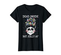 Dead Inside But Jolly Af Christmas Pajama Messy Bun Skull T-Shirt