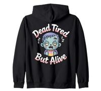 Dead Tired But Alive Bleary-Eyed Zombie Sipping Coffee Zip Hoodie