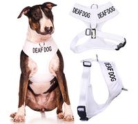 DEAF DOG (Dog Has Limited/No Hearing) White Colour Coded Non-Pull Front and Back D Ring Padded and Waterproof Vest Dog Harness PREVENTS Accidents By Warning Others Of Your Dog In Advance (L)