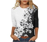 Deal of The Day Plus Size Evening Tops Women's Spring/Summer Round Neck Flower Print Loose Casual 3/4 Sleeve T Shirt Summer Amazon Warehouse Clearance Bargains Birthday Gifts for Women White