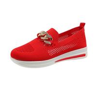 Deal of The Day Today Sale Slip On Trainers Women Wide Fit Wedge Trainers Breathable Hollow Mesh Orthopedic Shoes Fashion Low Top Metal Buckle Shoes Lightweight Arch Support Athletic Shoes Casual Red